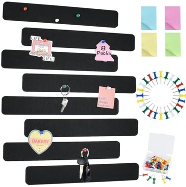 Vuzvuv 8 pcs Bulletin Board Bar Strips with 50 Pushpins 10 Wooden Clip pinsSelf Adhesive Cork Board for WallFelt Pin Board for SchoolOffice DecorBlack