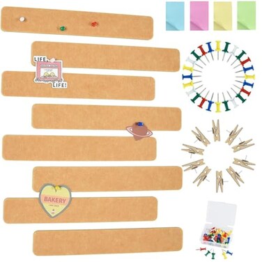 Vuzvuv 8 pcs Bulletin Board Bar Strips with 50 Pushpins 10 Wooden Clip pinsSelf Adhesive Cork Board for WallFelt Pin Board for SchoolOffice DecorCamelBrown