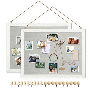 DOLLAR BOSS Cork Boards with Linen 2Pack 16X 12 Cork Board for Walls White Wood Framed Small Bulletin Board Hanging Pin Board for Home Kitchen Office Decoration 20 Pushpin Grey