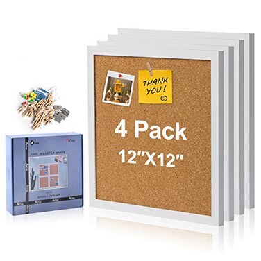 AkTop Cork Board Bulletin Board 12x12 White Framed Corkboard 4 Pack Small Square Pin Board for Wall Mini Thick Cork Tiles with 16 Push Pin Wood Clips for School Home Office