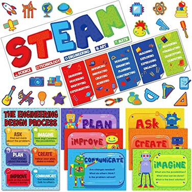 Teling 64 Pcs Stem Steam Science Posters Classroom Bulletin Board Decorations Set Science Project Banners Cutouts Bulletin Board for Classroom Teachers Wall Decor for Pre School Elementary and Middle