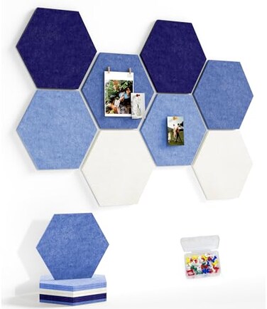 Uoisaiko 8 Pack Hexagon Felt Bulletin Board Tiles 12 Large Thick Pin Board for Walls with 30 Push Pins DIY Boards for Office Home School Decor Aesthetic Hex Cork Board Alternative