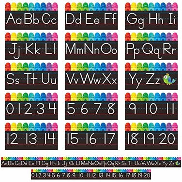 Gethelud Alphabet Bulletin Board Set 15 PCS Crayon DieCut ABC Wall Decorations 26 Upper Lower Case Letters Plus 020 Numbers for Preschool Kindergarten Classroom Playroom Bedroom Decorations