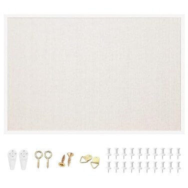 OWLKELA 24 x 36 Linen Bulletin Board White Framed Corkboard White Oak Frame Linen Cork Board Vision Board and Decorative Hanging Pin Board