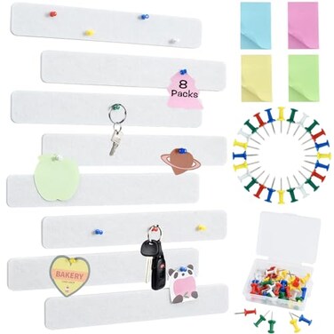 Vuzvuv 8Pcs White Cork Board Bar Strips with 50 Pushpins Sticky Notes SelfAdhesive Bulletin Board Strips No Damage for Wall Felt Pin Board for Paste Notes Photos Schedules Office Decor