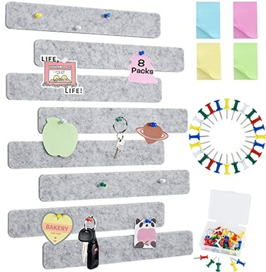 Vuzvuv 8Pcs Light Grey Cork Board Bar Strips with 50 Pushpins Sticky Notes SelfAdhesive Bulletin Board Strips No Damage for Wall Felt Pin Board for Paste Notes Photos Schedules Office Decor