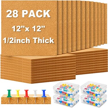 Reginary Cork Board Tiles 12 x 12 in 05 in Thick Square Bulletin Boards Cork Tiles Bulk with Push Pins Mini Natural Self Adhesive Backing Corkboards for Wall Home Office Floor DIY28 Pcs
