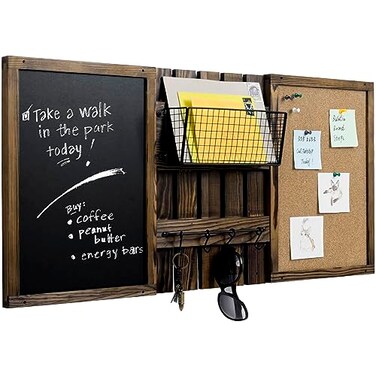 MyGift 3 Panel Wall Mounted Entryway Bulletin Board Combo Set with Rustic Burnt Solid Wood Frame with a Chalkboard Cork Board Black Metal Mail Basket and Hanging Rail