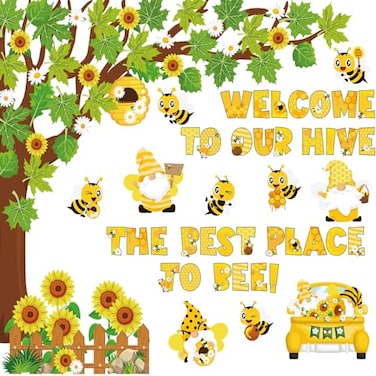 Pajean 104 Pcs Classroom Tree Bulletin Board Set Bee Sunflower Bulletin Boards Decoration Cutouts Spring Summer Tree Leaves Cutout for Classroom Window Wall Home Office School Decor
