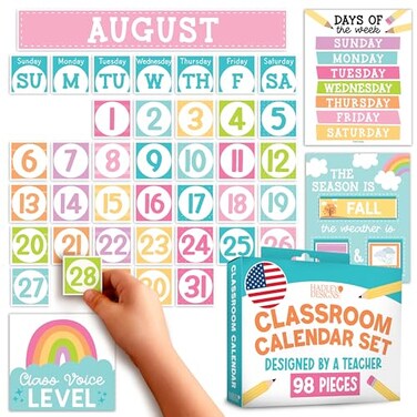 Hadley Designs Classroom Calendar Set Bulletin Board Decorations Pastel School Calendar for Classroom Decor Kindergarten Preschool Elementary Teacher Must Haves Homeschool Daycare Essentials