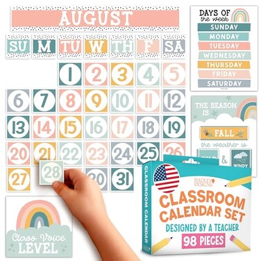 Hadley Designs Classroom Calendar Set Bulletin Board Decorations Boho School Calendar for Classroom Decor Kindergarten Preschool Elementary Teacher Must Haves Homeschool Daycare Essentials