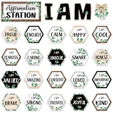 Frienda Eucalyptus Affirmation Station Bulletin Board Set Motivational Posters Classroom Mirror Growth Mindset Decor Positive Affirmations Accents Cutouts for School Office Home Teacher Wall Supply