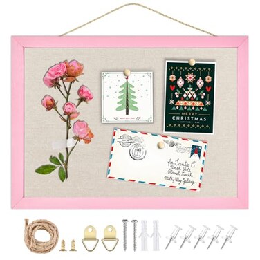 TORASO Small Linen Bulletin Board102x142 Pink Wood Frame Bulletin BoardsBeige Linen Pin Board for Home Kitchen Office DecorativePK2636