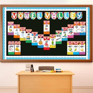 Justforjoyful Vowel Valley Bulletin Board Set Back to School Classroom Decorations Sound Wall Phonics Poster Vowel Learning Cutouts Early Learning Kindergarten Elementary School Classroom Chalkboard W