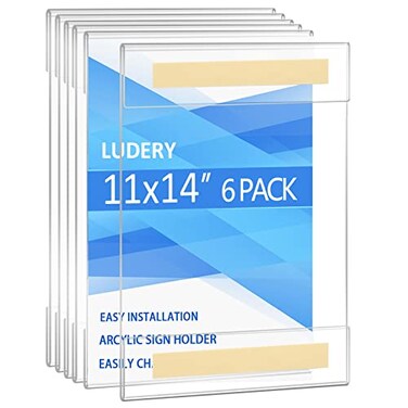 Ludery Acrylic Sign Holder 11 x 14 Wall Mount Wall Mount Sign Holders Clear Acrylic Frame with 3M Tape Adhesive Plastic Wall Sign Holder for Office Home Restaurant6 Pack