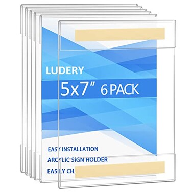 Ludery Acrylic Sign Holder 5 x 7 Wall Mount Wall Mount Sign Holders Clear Acrylic Frame with 3M Tape Adhesive Plastic Wall Sign Holder for Office Home RestaurantVertical 6 Pack