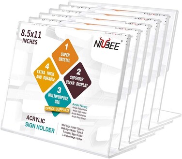 NIUBEE Acrylic Sign Holder 85x11 Inches 6 Pack Horizontal Slant Back Clear Frames Plastic Paper Flyer Display Holder Document Menu Table Stand for Office Store Restaurant Landscape