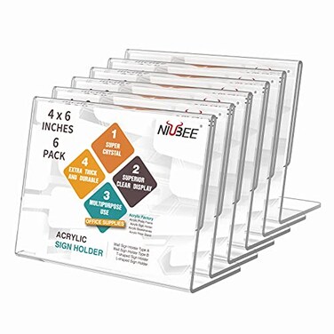 NIUBEE Slanted Back Acrylic Sign Holder 6 x 4 Inches Clear Plastic Sign Holder Paper Display Table Stand for Office Store Restaurant Horizontal 6 Pack