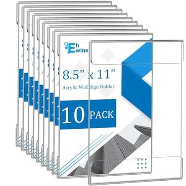 EHWINE 10 Pack 85x11 Wall Mount Acrylic Sign Holder Wall Signs Photo Menu Flyer Display Holders Plastic Clear Acrylic Frames for Office Home Hotel Business Store with Adhesive Tape