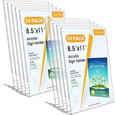 MaxGear Acrylic Sign Holder 85 X 11 Plastic Paper Holder With Vertical Slanted Back Picture Photo Frames Display Stand Flyer and Document Organizer for Office Desktop Use 10 Pack