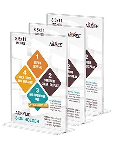 NIUBEE 3 Pack Acrylic Sign Holder 85 x 11 T Shape Double Sided Table Top Display Stand Portrait Upright Photo Picture Frame Wedding Menu Ad Holder