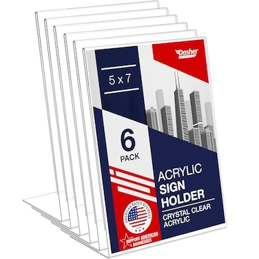 Dasher Products Slant Back Acrylic Sign Holder 5x7 6Pack Clear Frame Stand for Photos Signs Menus Documents Flyers and More Slanted Ad Display Stand for Tabletop Use