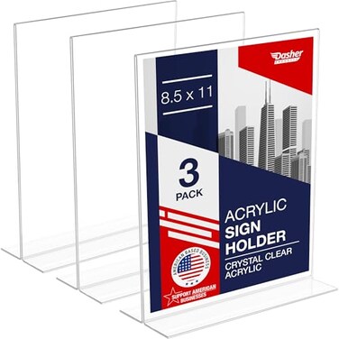 Dasher Products Acrylic Sign Holder 85 x 11 TShape Tabletop Display Stand DoubleSided Bottom Load Portrait Frame Menu and Ad Holder for Restaurants Promotions Photos or Classrooms Durable Design 3 Pac
