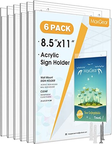 MaxGear 6 Pack Wall Mount Sign Holder 85 x 11 Clear Plastic Picture Frames with Mounting Screws Door Sign Holders and Document Display Frame for Home Office Store Vertical