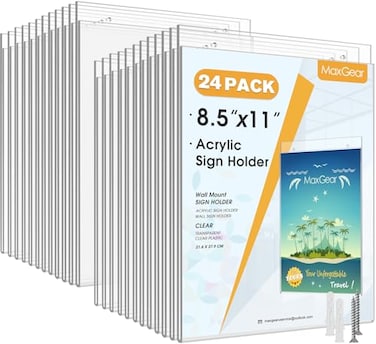 MaxGear Wall Mount Sign Holder 85 x 11 Clear Plastic Picture Frames with Mounting Screws Door Sign Holders and Document Display Frame for Home Office Store 24 Pack Vertical