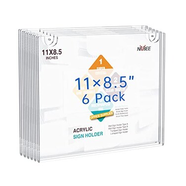 NIUBEE 6Packs Acrylic Wall Sign Holder 85x11 Horizontal Clear Plastic Picture Frames Wall Mounted Design Support No Drilling Provide 3M Tape and Mounting Screws