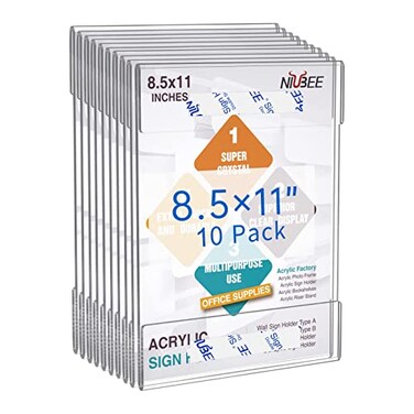 Niubee 85x11 inch Wall Mount Acrylic Sign Holder with Double Sided Adhesive Tape For Office Home Store RestaurantNo Drilling 10 Pack