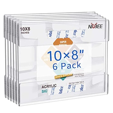Niubee 8x10 inch Wall Mount Acrylic Sign Holder with Double Sided Tape Adhesive for Office Home Store Restaurant No Drilling Horizontal 6 Pack
