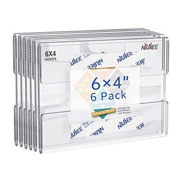 NIUBEE 4x6 inch Wall Mount Acrylic Sign Holder with Double Sided Adhesive Tape for Office Home Store Restaurant No Drilling Horizontal 6 Pack