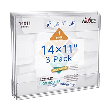 NIUBEE Acrylic Sign Holder 14 x 11 inches Wall Mount Sign Holder with Double Sided Adhesive Tape Wall Acrylic Frame for Office Home Store Restaurant Horizontal 3 Pack