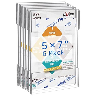 Niubee Acrylic Sign Holder 5x7 Vertical Wall Mount Sign Holder Door Sign Holder Memo Holder Clear Wall Frame with Tape Adhesive for Office Home Store Restaurant No Drilling Vertical 6 Pack