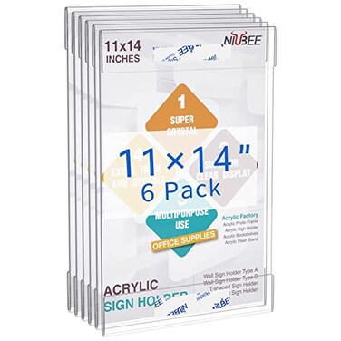 Niubee 11x14 inch Wall Mount Acrylic Sign Holder with Double Sided Adhesive Tape for Office Home Store Restaurant No Drilling Vertical 6 Pack
