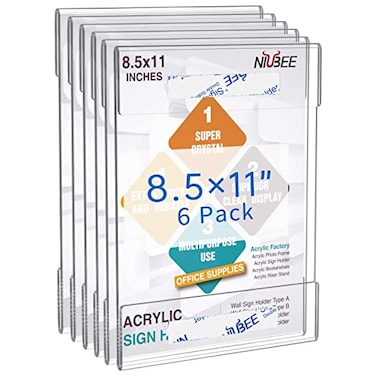 NIUBEE 85x11 Clear Acrylic Plexi Sign Holders with Double Sided Adhesive Tape Wall Sign Memo Document Menu Holder for Office Home Store RestaurantNo Drilling 6 Pack