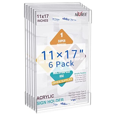 Niubee 6 Pack Acrylic Sign Holder 11 x 17 inches Wall Mount Sign Holders Clear Acrylic Frame with Double Sided Tape Clear Poster Frames Plastic Sign Holder for Office Home Restaurant Vertical