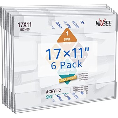 NIUBEE Acrylic Sign Holder 11 x 17 Horizontal Wall Mount Sign Holders Clear Acrylic Frame with Double Sided Tape Clear Poster Frames Plastic Sign Holder for Office Home Restaurant Landscape 6 Pack