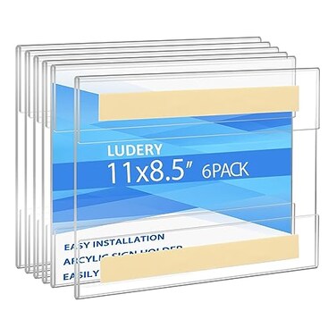 Ludery Acrylic Sign Holder 85 x 11 Inches HorizontalClear Plastic Wall Wall Frame Poster Paper Holder with Double Sided Tape for Office Home Store RestaurantNo Drilling 6 Pack