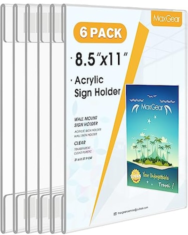 MaxGear Acrylic Sign Holder 85 x 11 inch 6 Pack Wall Mount Clear Plastic Sign Holder with Double Sided Tape Document Flyer Acrylic Picture Frame for Office Home Store