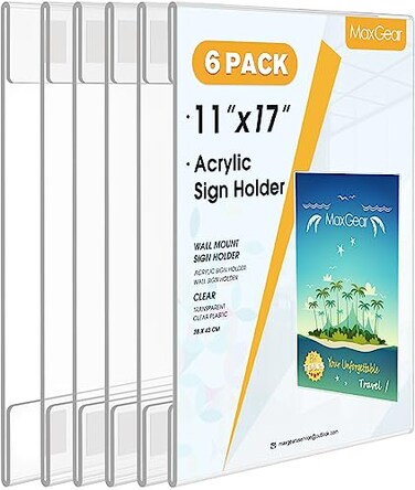 MaxGear 6 Pack Acrylic Sign Holder 11 x 17 Wall Mount Clear Plastic Sign Holder with Double Sided Tape Plexiglass Document Flyer Acrylic Frame for Office Home Store Restaurant