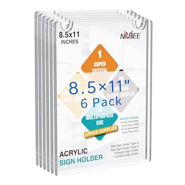 NIUBEE 6 Pack Acrylic Wall Sign Holder 85x11 Vertical Clear Plastic Picture Frame Wall Mounted Design Support No DrillingProvide 3M Tape and Screws