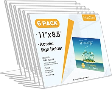 MaxGear Acrylic Sign Holder 85x11 Inches Horizontal 6 Pack Slant Back Clear Tabletop Display Stands for Flyers Menus Documents Landscape Sign Frames