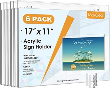 MaxGear Wall Mount Sign Holder 11 x 17 Inch Clear Plastic Picture Frames with Mounting Screws Door Sign Holders and Document Display Frame for Home Office Store Landscape 6 Pack