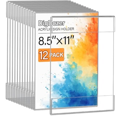 DigDozer 12 Pcs Acrylic Sign Holder 85 x 11 Vertical Wall Mount Sign Holders with Adhesive Clear Plastic Frames Paper Display Sign Holders for Office Home Store Restaurant No Drilling