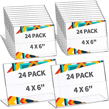 Yalikop 24 Pieces Acrylic Sign Holder 4 x 6 Inch Plastic Picture Frame Clear Photo Sign Back Brochure Display Standing Frame for Wedding Office Desktop Restaurant