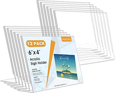 MaxGear Sign Holder 4X6 inches Slant Back Acrylic Sign Holders Plastic Display Stand Clear Paper Stand Tabletop Display for Office Home Store Restaurant 12 Pack
