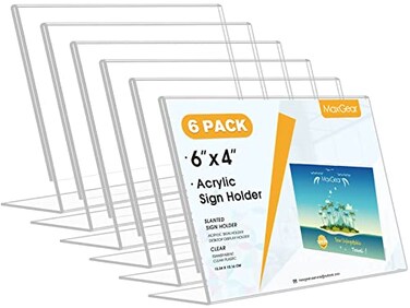 MaxGear Sign Holder 4X6 inches Slant Back Acrylic Sign Holders Plastic Display Stand Clear Paper Stand Tabletop Display for Office Home Store Restaurant 6 Pack