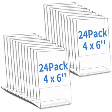 Yalikop 24 Pack Acrylic Sign Holder Slant Back Plastic Paper Display Stand Clear Table Top Sign Holders for Office Home Store Restaurant4 x 6 Inch